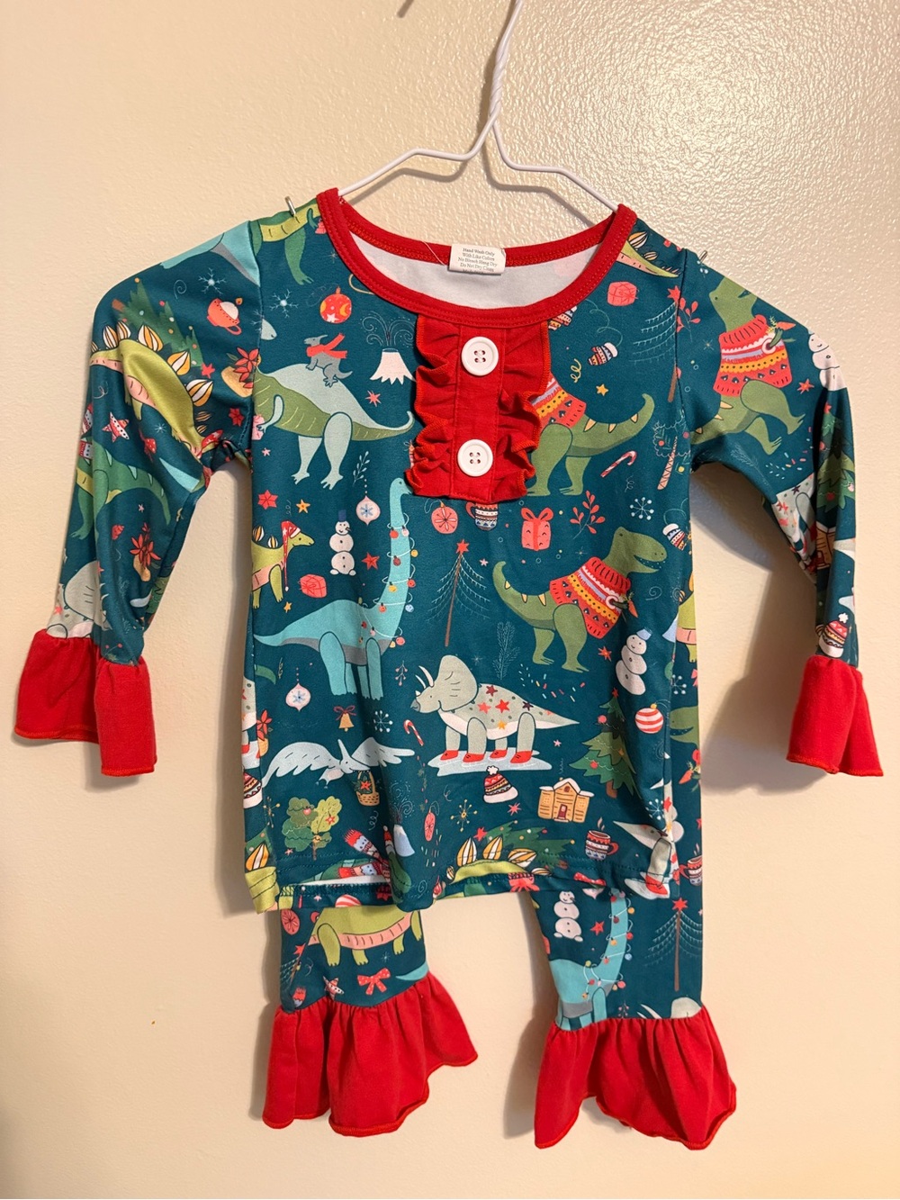 Christmas Dinosaur Outfit 2T | Toddler Girl Ruffle Bell Bottom Holiday Set